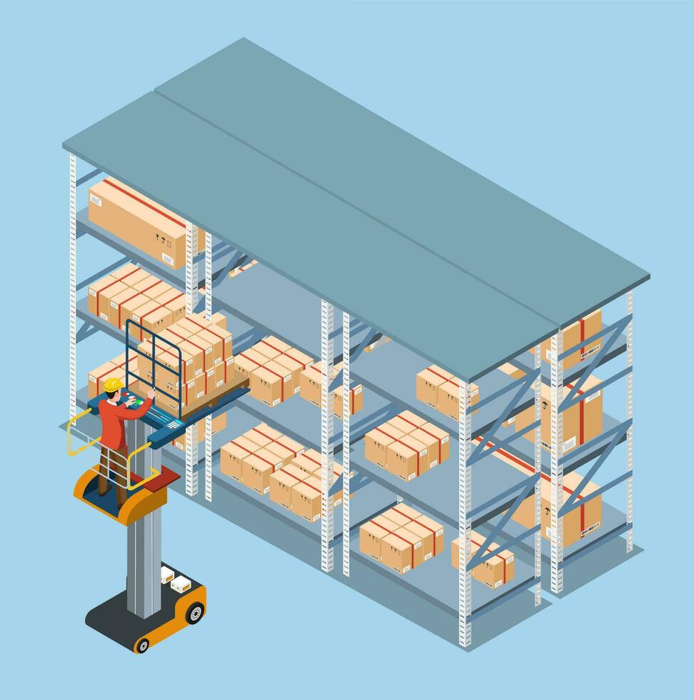 utilizando un orden recogedor máquina elevadora, un almacén empleado conductor cargas cartulina cajas sobre el estantes. vector ilustración eps10