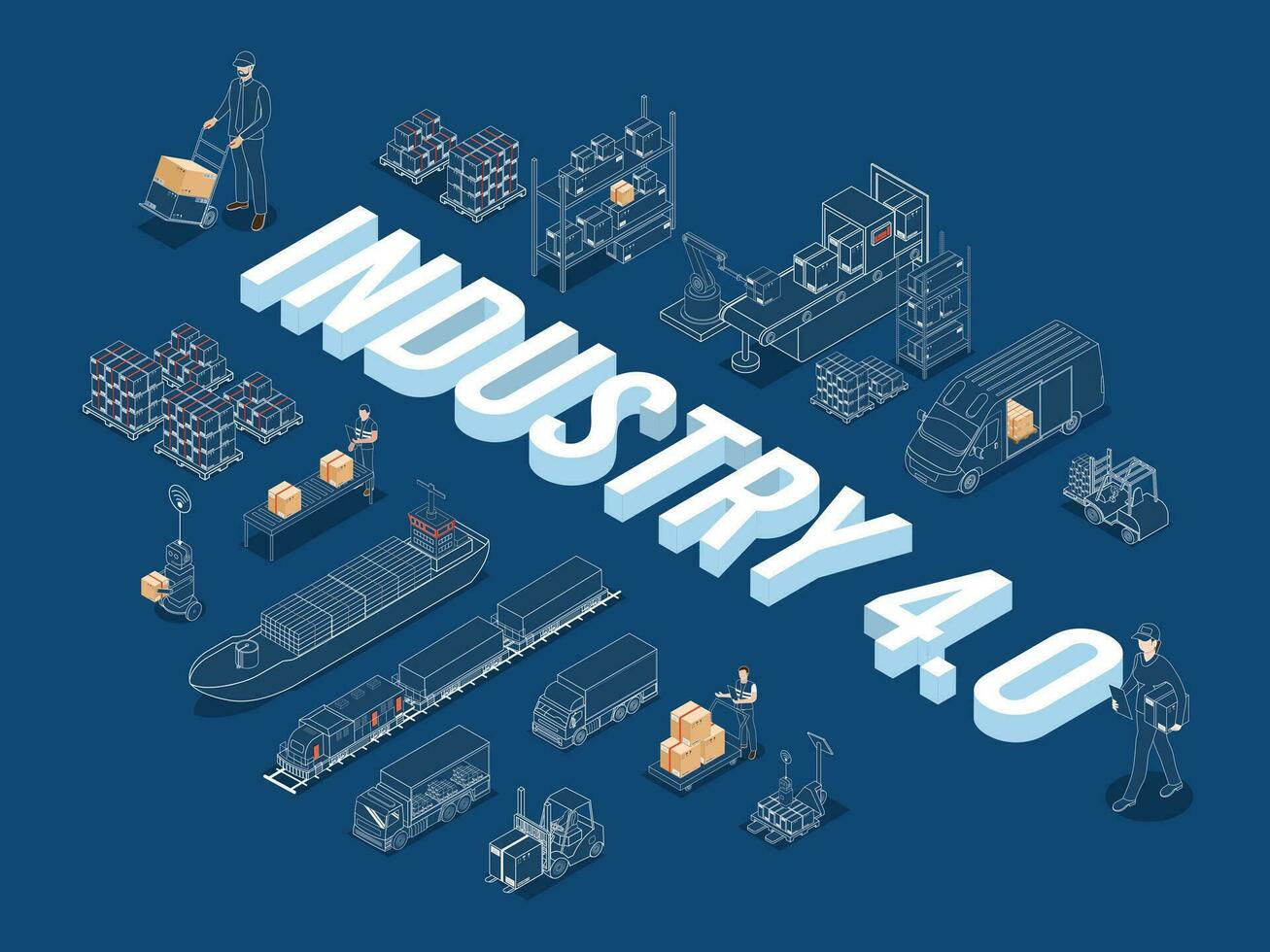 Smart Industry 4.0 with Factory automation, Autonomous robot industrial technology. The steps of the industrial revolution. Vector illustration eps10