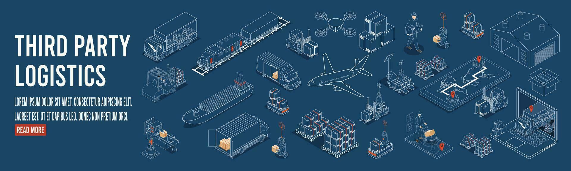 tercero fiesta logística concepto con autónomo robots, robot brazo, cartulina caja, transporte, camión, exportar, importar, industria 4.0, almacén y fábrica automatización. vector ilustración eps10