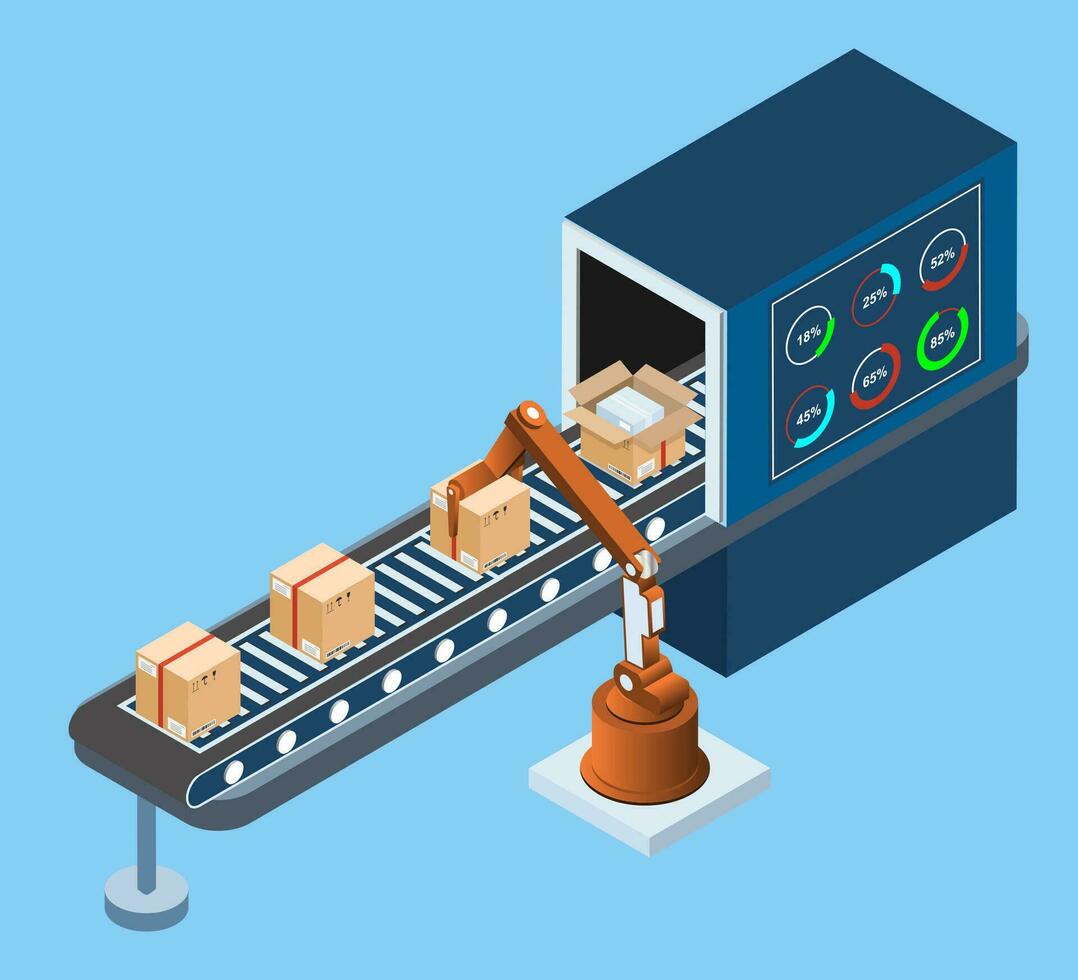 Belt Conveyor in Industrial Plant Concept with Warehouse Automation System and Autonomous Robot Transportation operation service. Vector illustration EPS 10