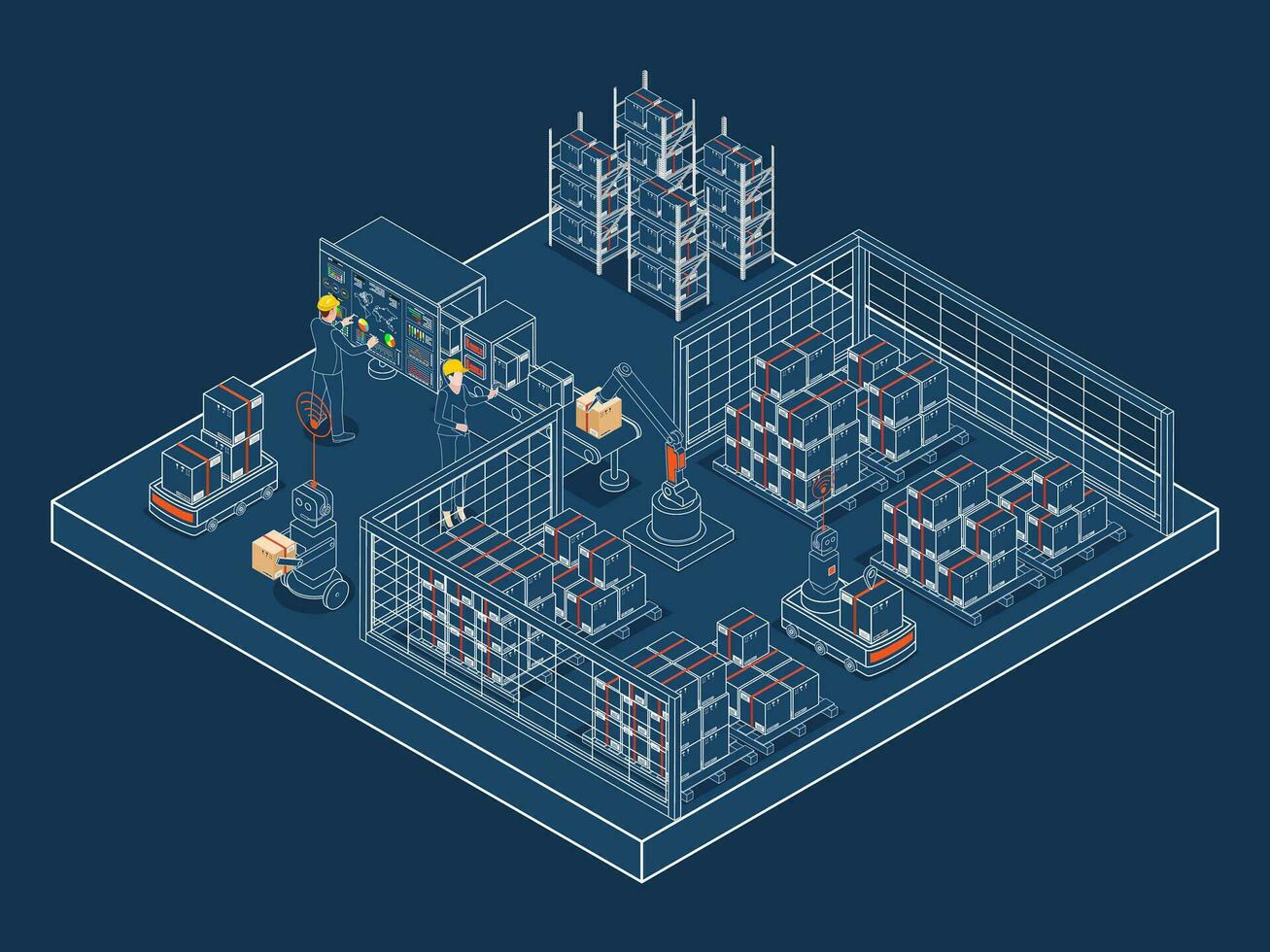 3d isométrica logística almacén trabajo proceso concepto con transporte operación servicio, industrial Internet de cosas y autónomo robot. vector ilustración eps 10