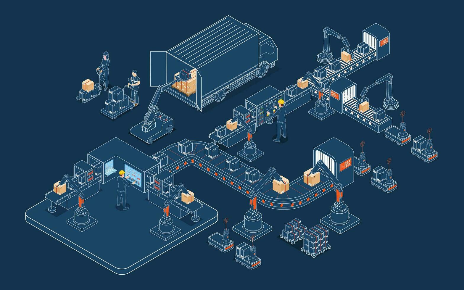 automatizado almacén robots y inteligente almacén tecnología concepto con agv robots, almacén automatización sistema y automatizado inventario controlar plataformas vector ilustración eps 10