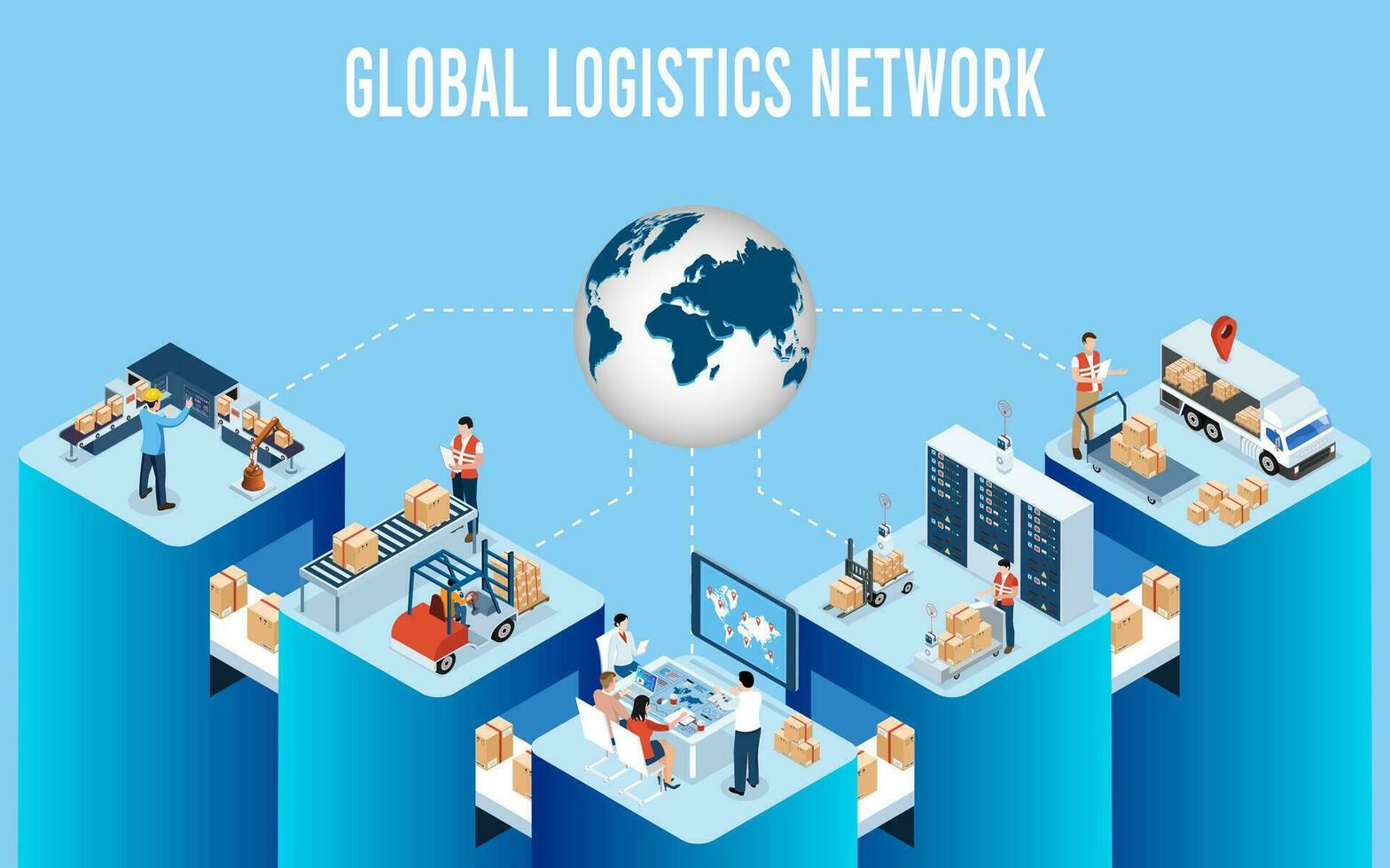 3d isométrica global logística red concepto con transporte operación servicio, suministro cadena administración - scm, empresa logística procesos. vector ilustración eps 10