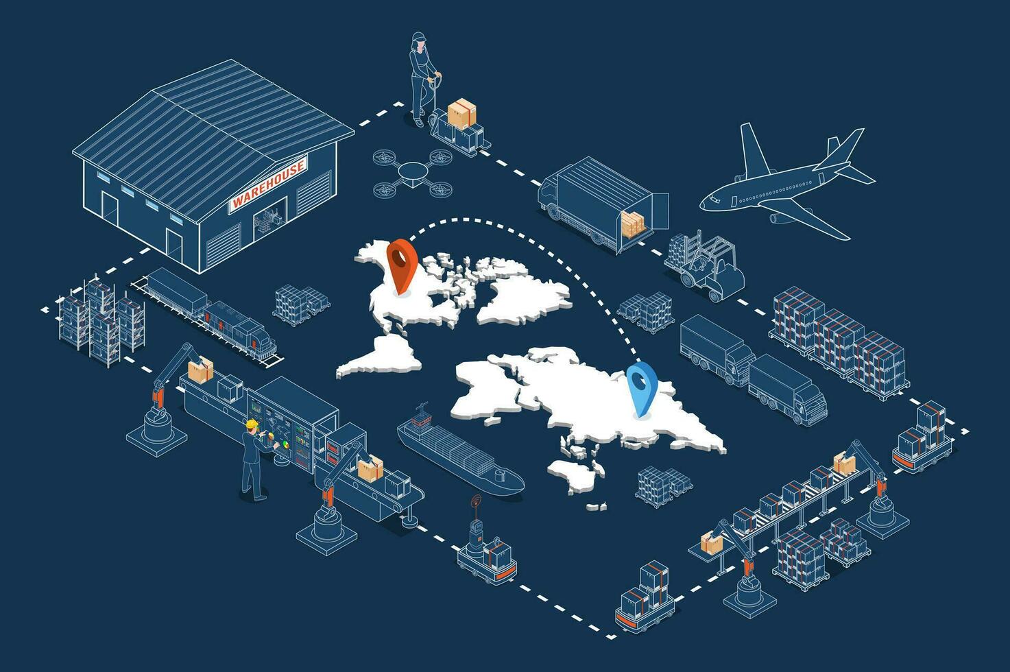 Global logistics concept with Industrial partnership, Autonomous robots, Transport, Export, Import and Industry 4.0. Vector illustration eps10