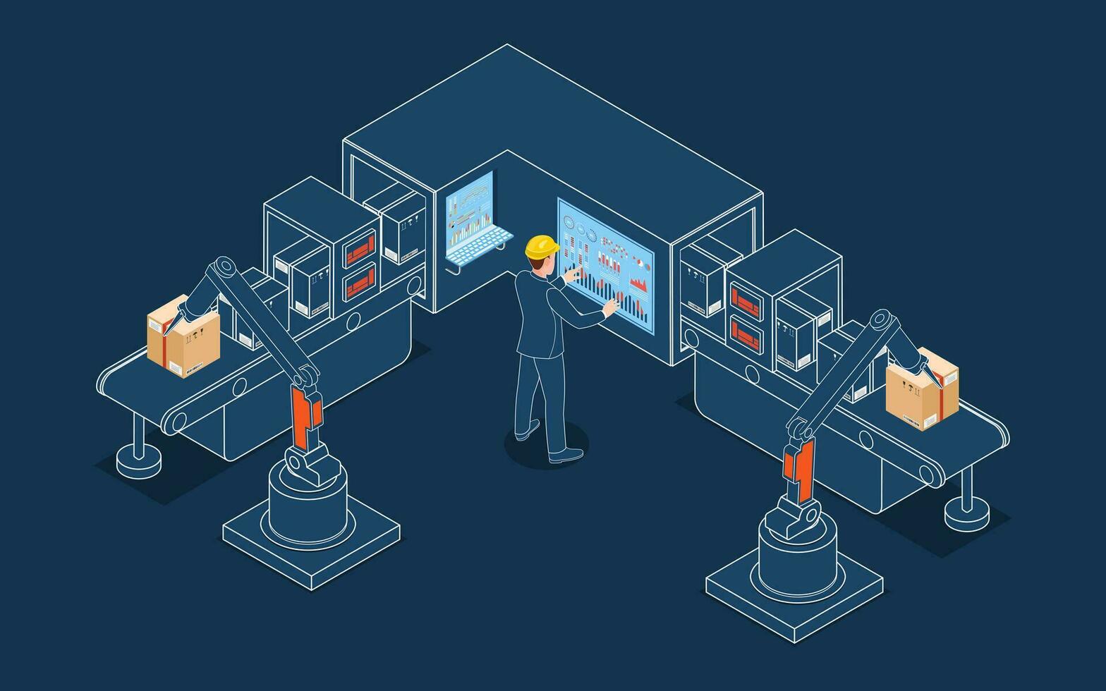 Industry 4.0 concept with Warehouse worker and Robotic arm raises package and stacks them on belt conveyor. Vector illustration eps10