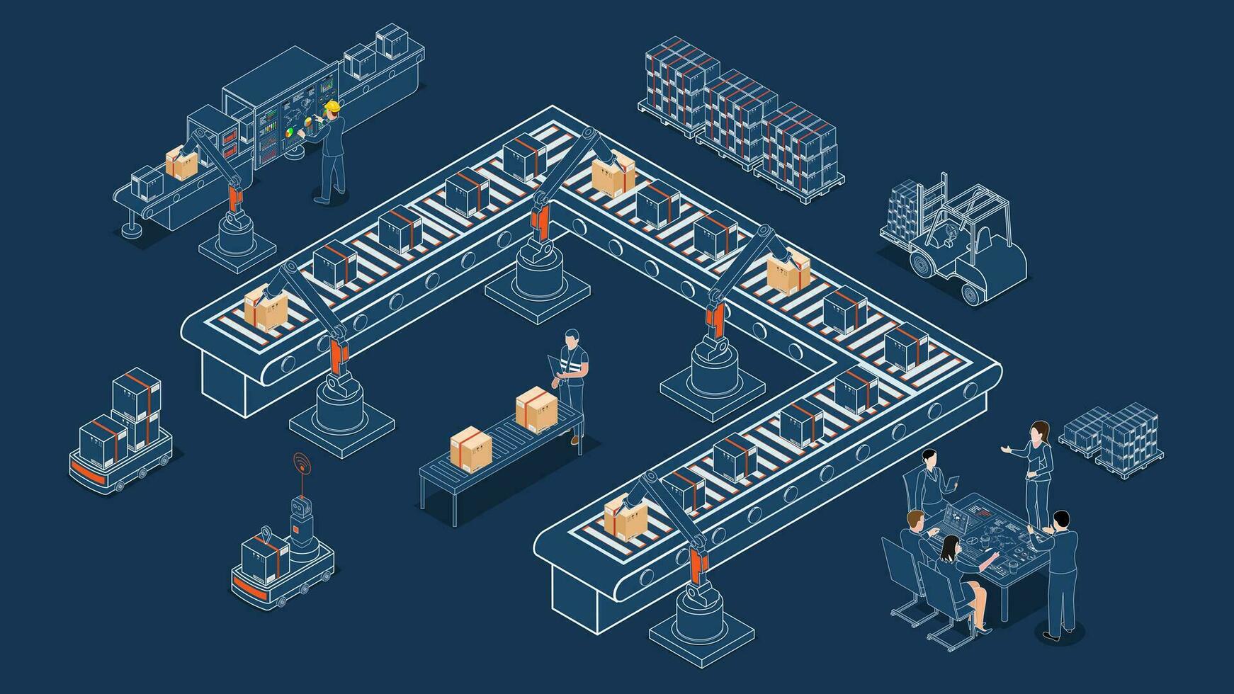 3D isometric Automated Warehouse Robots and Smart warehouse technology Concept with Warehouse Automation System and Autonomous Robot Transportation operation service. Vector illustration EPS 10