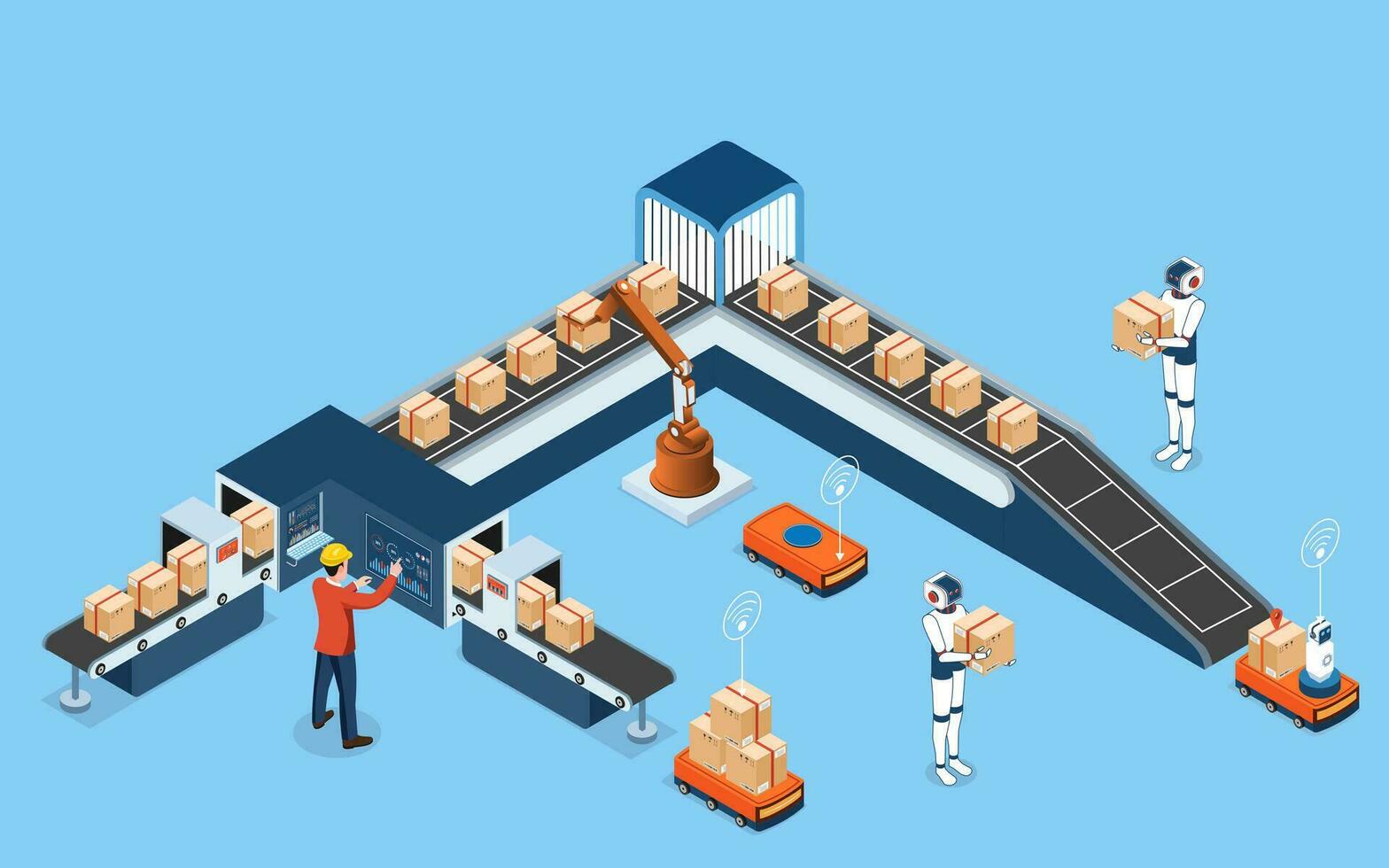 3D isometric Automated Warehouse Robots and Smart warehouse technology Concept with Warehouse Automation System and Autonomous Robot Transportation operation service. Vector illustration EPS 10