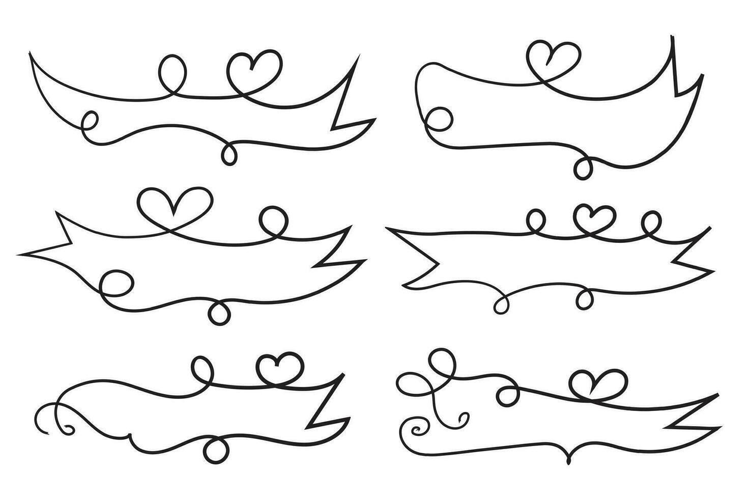 valentines day curly hearts style calligraphy outline ribbon, Hand drawing Calligraphic heart ribbon vector banner, Decorative hearts romantic love text banner, heart scroll Line outline ribbon