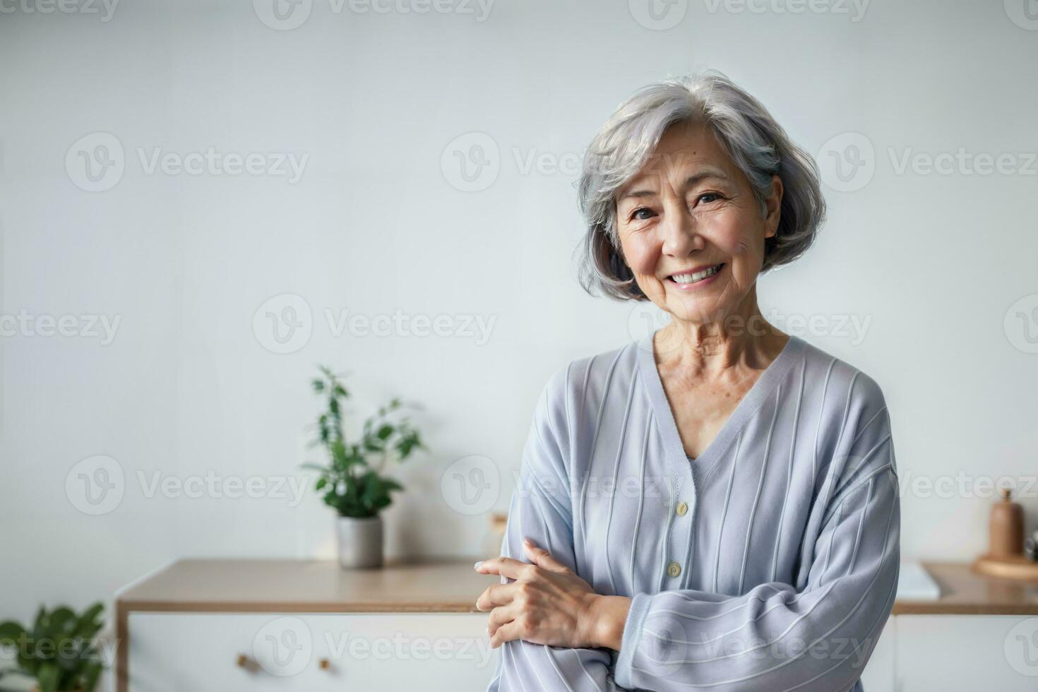 AI generated Generated image Old woman smiling in living room, look at the camera, copy space photo