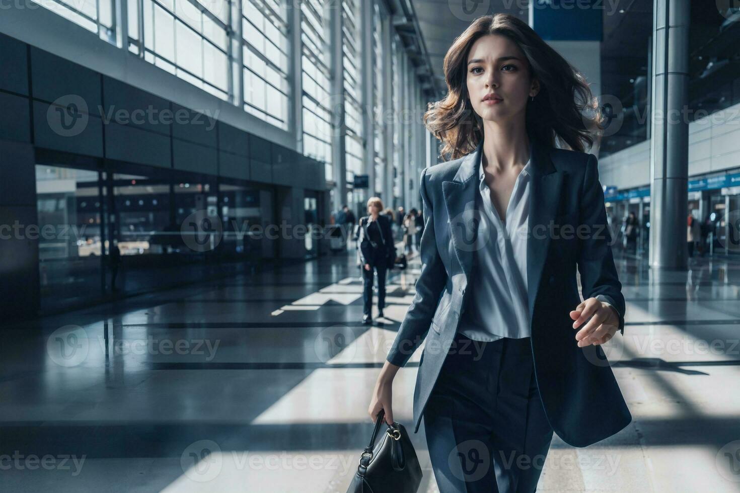 AI generated business woman hurry walking, airport background, copy space photo