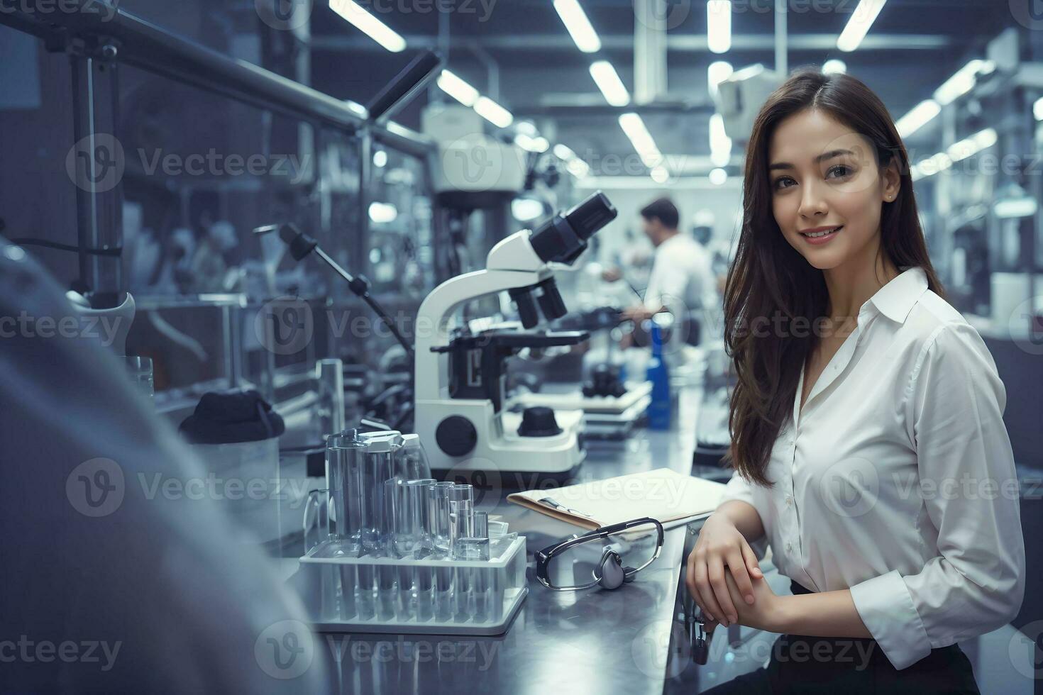 researcher woman sitting in laboratory photo