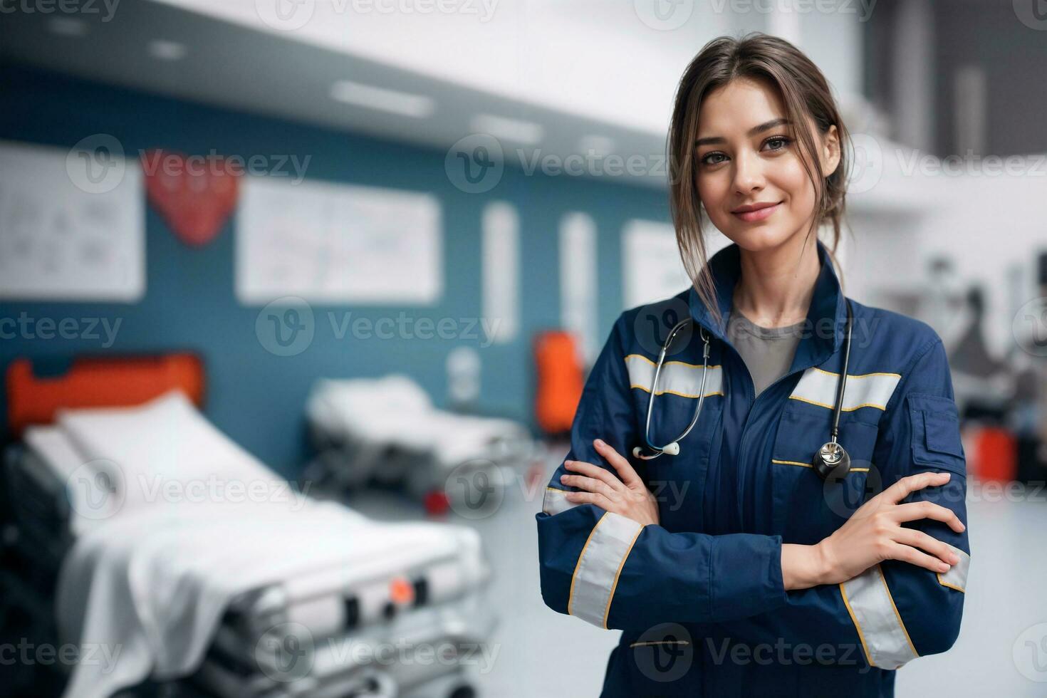 AI generated Generated image paramedic doctor smile and posing in emergency room,copy space photo