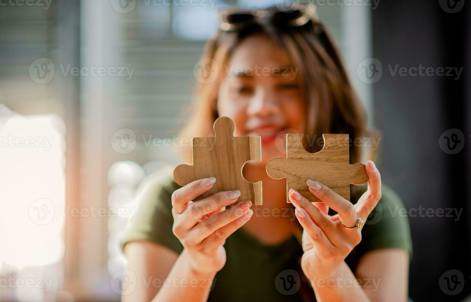 Jigsaw puzzle pieces are important to work on. Team unity Teamwork wooden parts photo