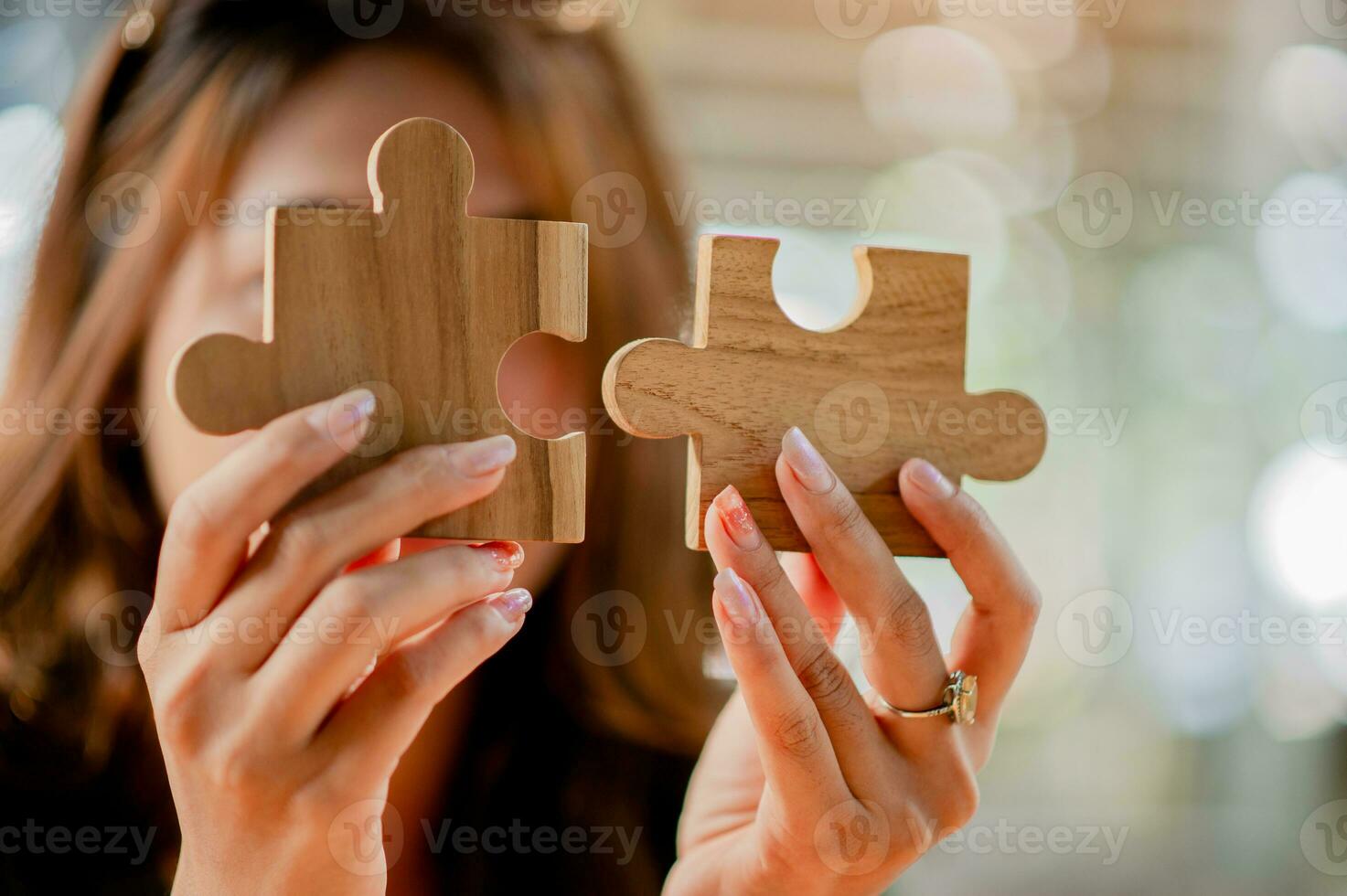 Jigsaw puzzle pieces are important to work on. Team unity Teamwork wooden parts photo