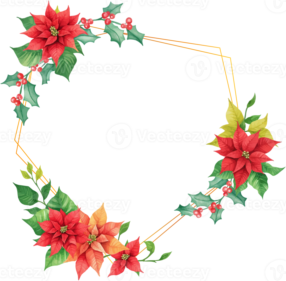 Christmas wreath with holly berries and gold frame png