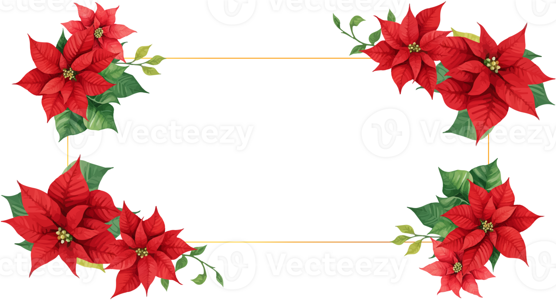 Christmas Watercolor Red Poinsettia Flowers With Gold Frame png