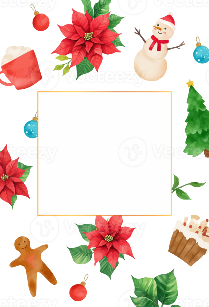 Watercolor christmas pattern with gold frame png