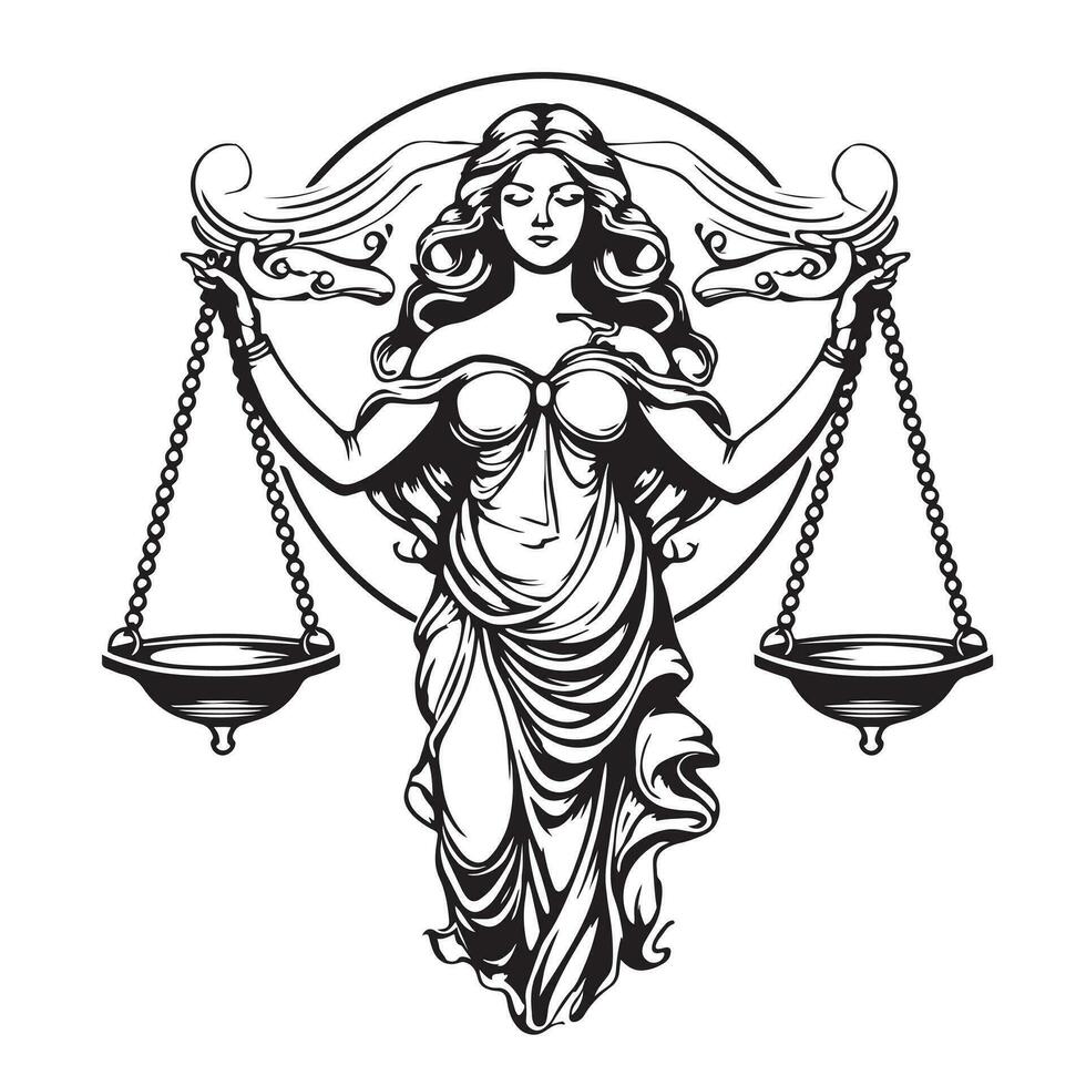 Themis statue holding scales . Symbol of justice and order contour clip art. Libra or law identity concept simple vector illustartion isolated on white background.