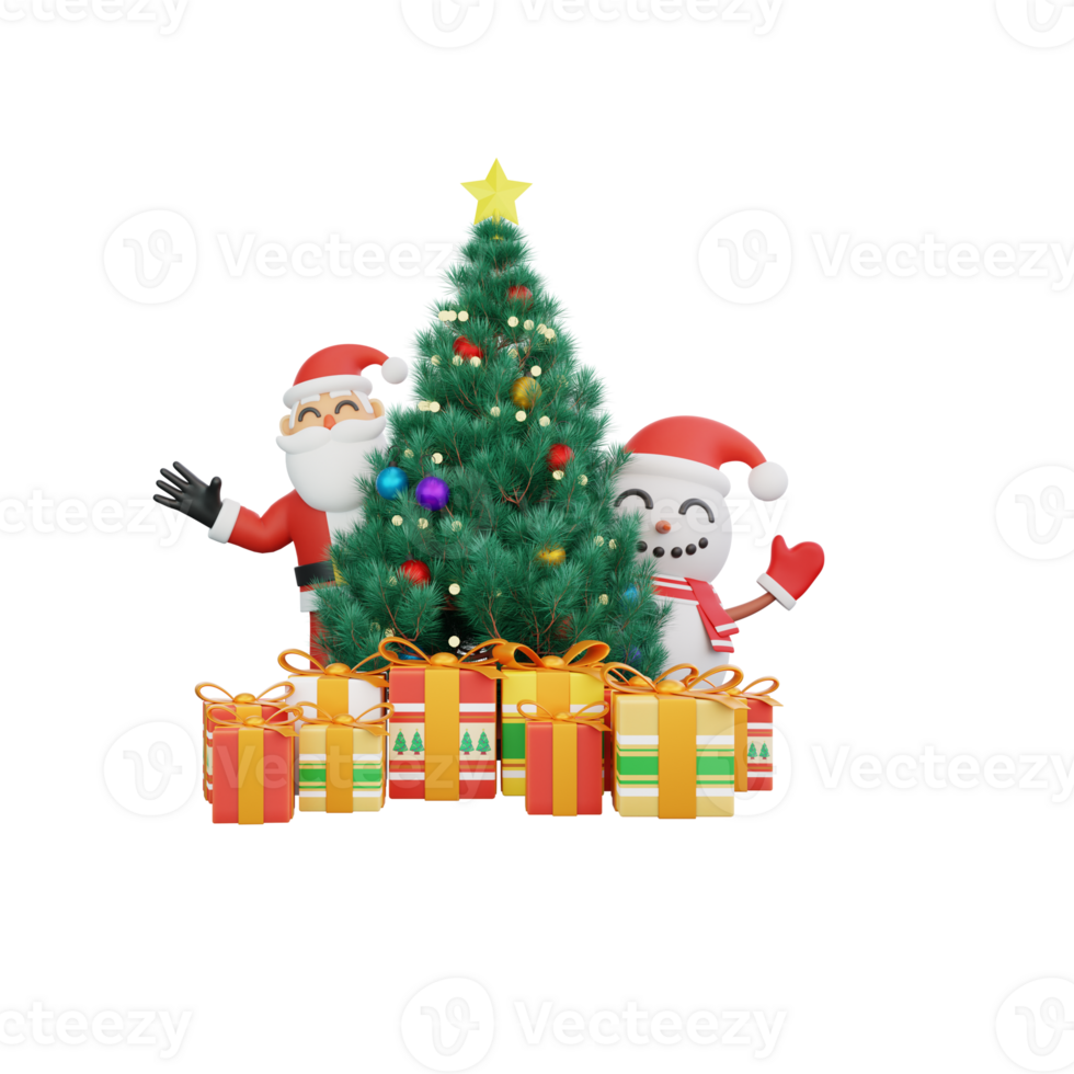 3d rendering Santa with surprise snowman behind christmas tree png