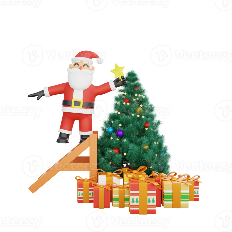 3d rendering of Santa decorating a christmas tree png