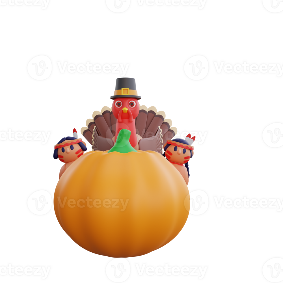 3D illustration of a festive Thanksgiving Turkey and two Native American dolls png