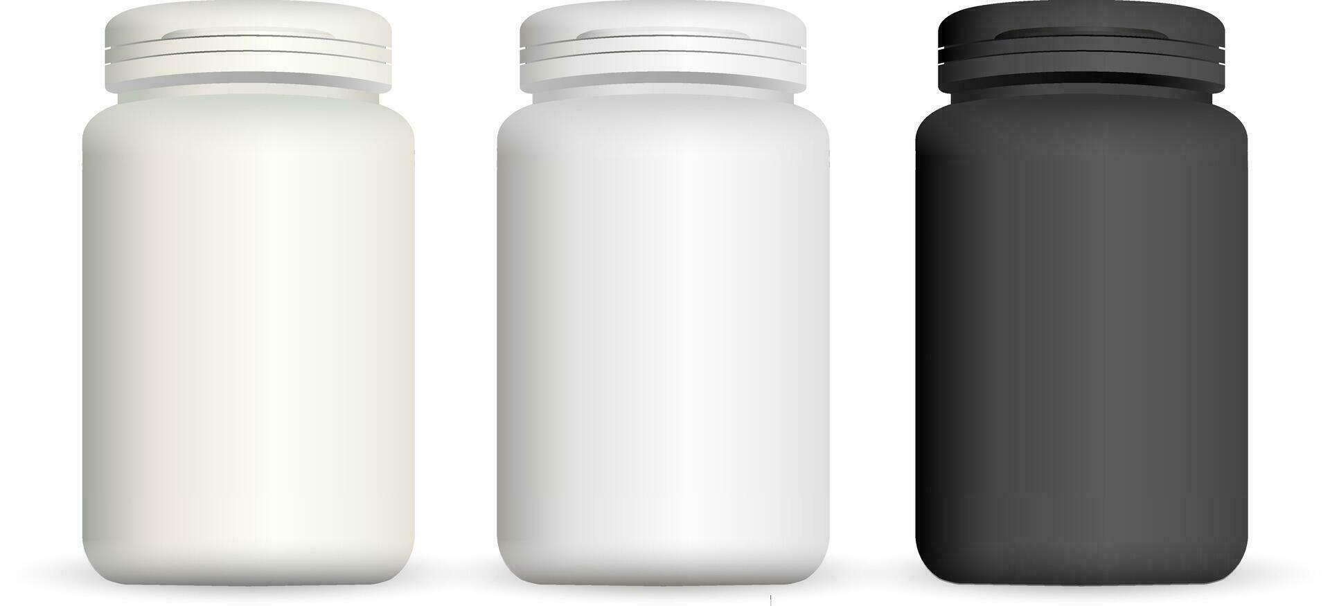 Realistic plastic bottles Black and white Mock Up Template set of medicine package for pills, capsule, drugs. vector