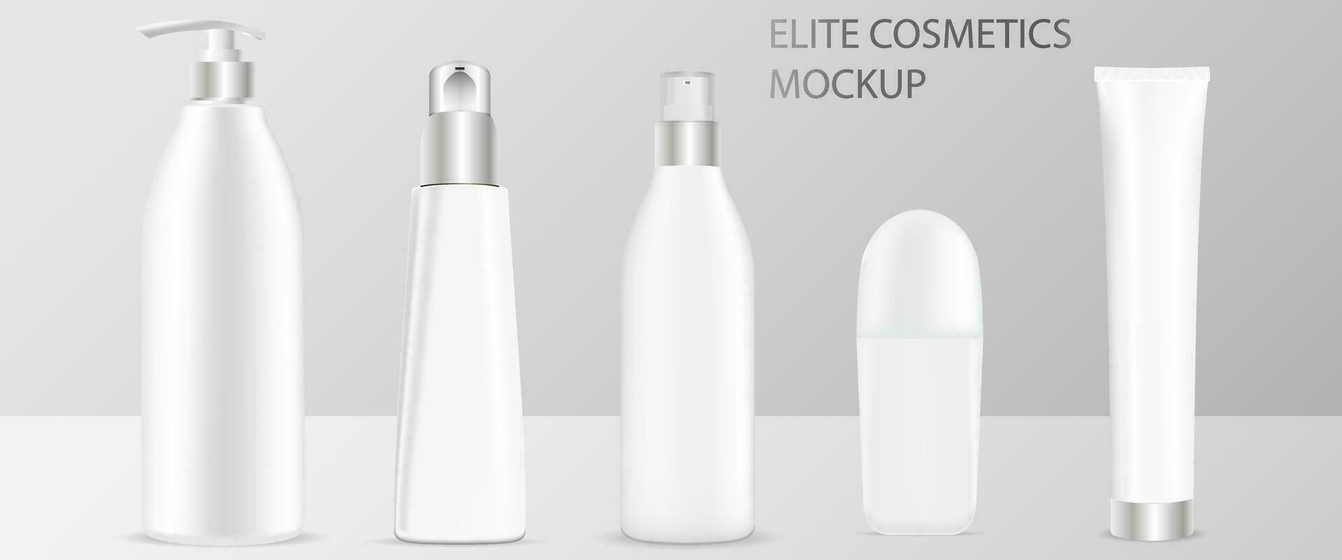 Cosmetic bottles packaging mockup. Vector illustration of elite cosmetics bottles with spray, dispenser and dropper, cream tube, deodorant roll. High quality template ready for your design.