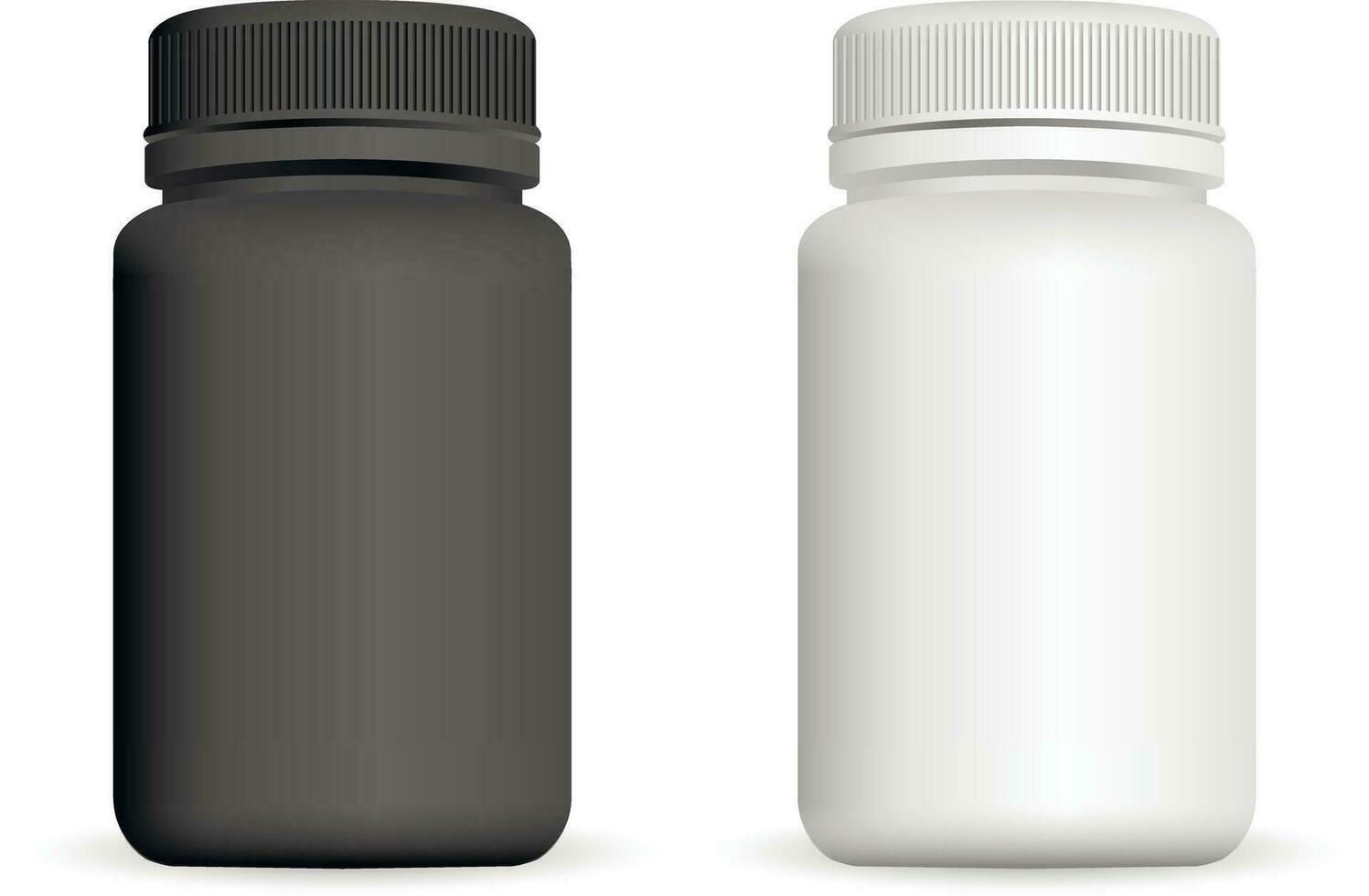 Realistic plastic bottles. Black and white 3d Vector illustration. Mock Up Template set of medicine package for pills, capsule, drugs.