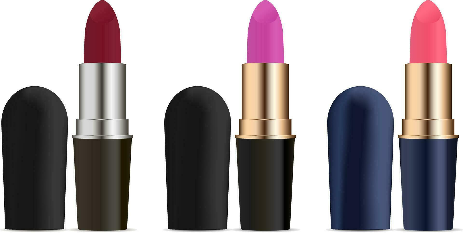 Different colour lipstick set with open caps. Modern style cosmetics packaging design. High quality vector illustration.