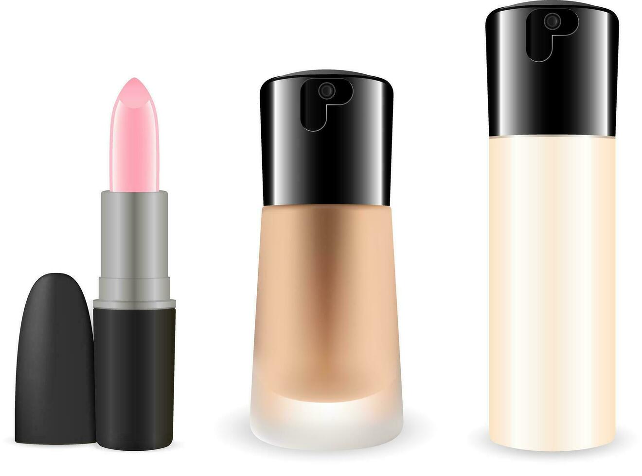 Trendy foundation cosmetic ads, Plastic and matt glass Bottles with dispenser, creamy texture. Whole set with lipstick. 3d vector illustration.