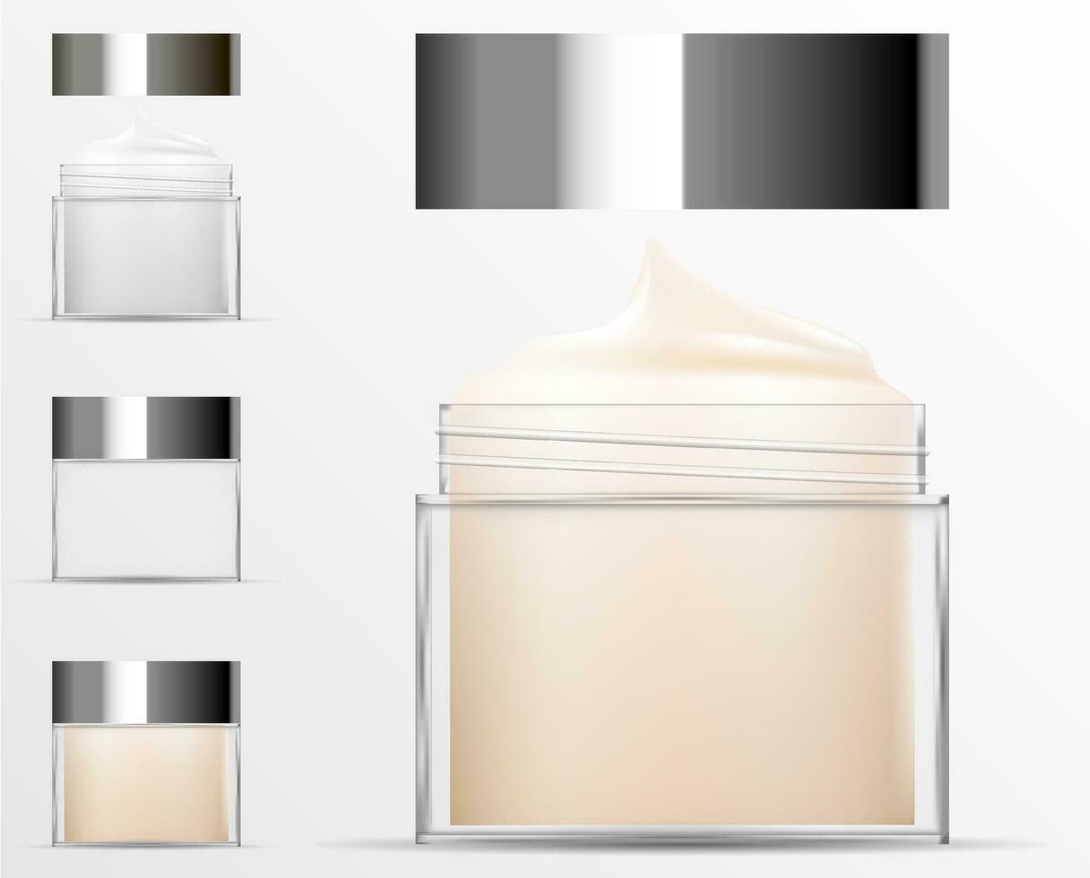 Transparent Cosmetic plastic bottle. Filled and empty Jar for body cream, butter, bath salt, gel, skin care, powder. Realistic container packaging mockup template. Vector illustration.