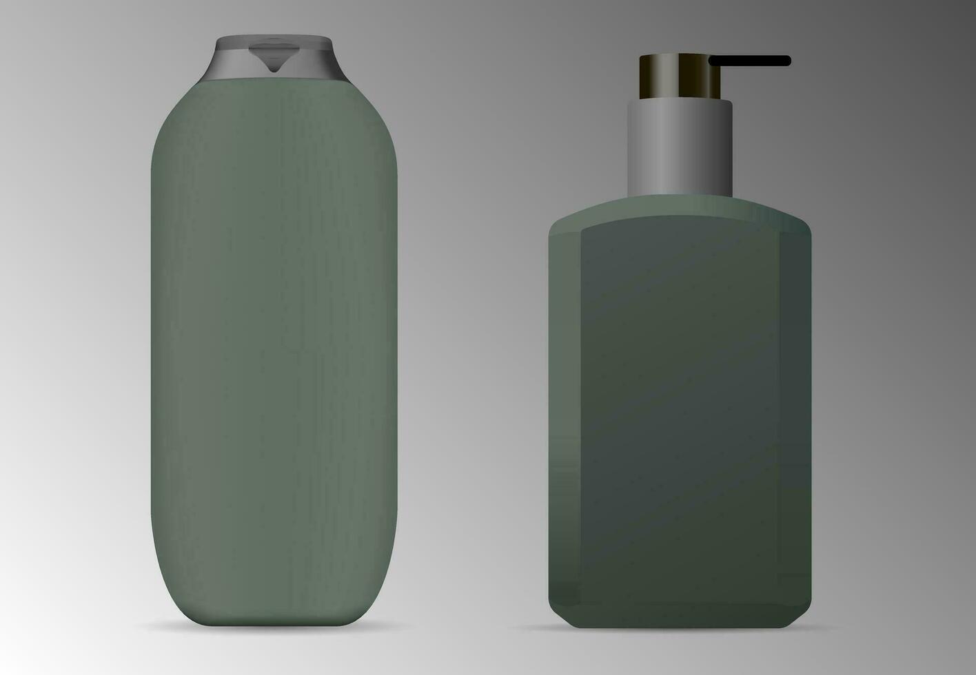 Male cosmetic ads. Mockup set of lotion and shampoo bottles. Dispanser packaging and can with lid in military colours. vector