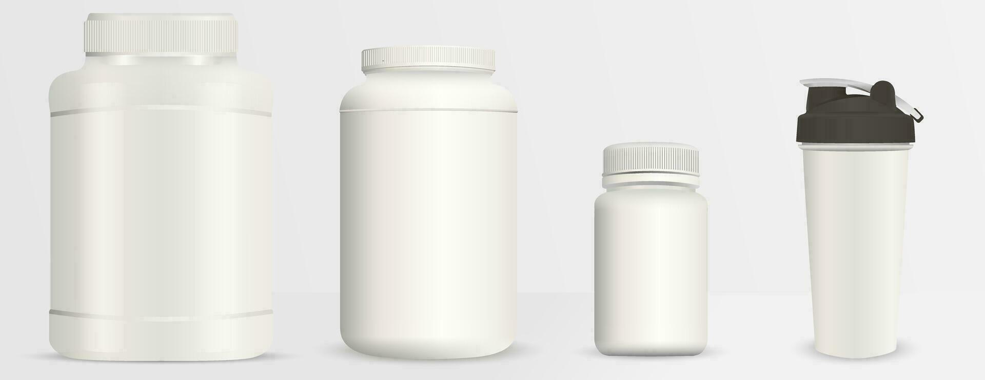 Sports nutrition bottles mockup set. Realistic blank vector illustration. Milk white plastic containers pack. Protein powder can, Shaker Cup, bcaa bottle, gainer jar. Gym energy diet.
