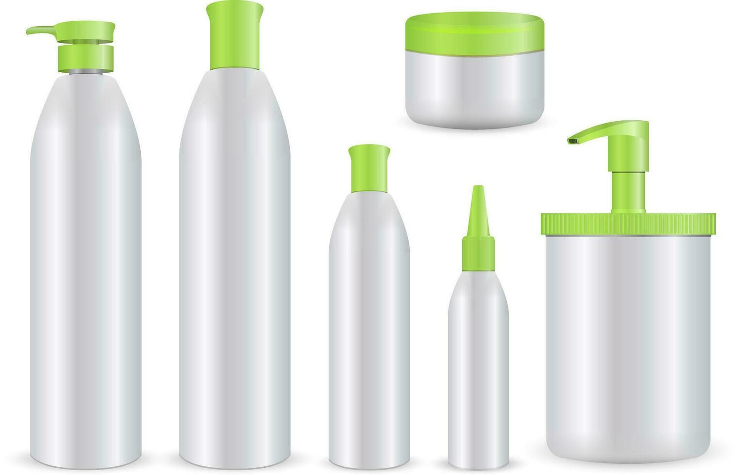 realista cosmético botella conjunto en blanco antecedentes. cosmético contenedores y tubos para crema, loción, champú, gel, bálsamo, acondicionador. 3d vector ilustración.