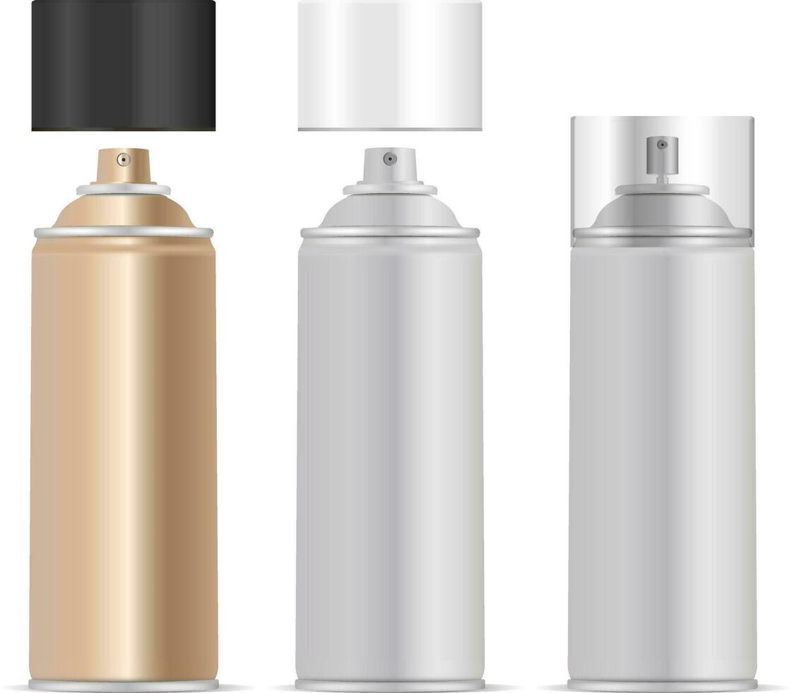 Aerosol spray metal bottles set with different dispensers and lids. Deodorant or paint cans template. Vector package illustration isolated on white background.