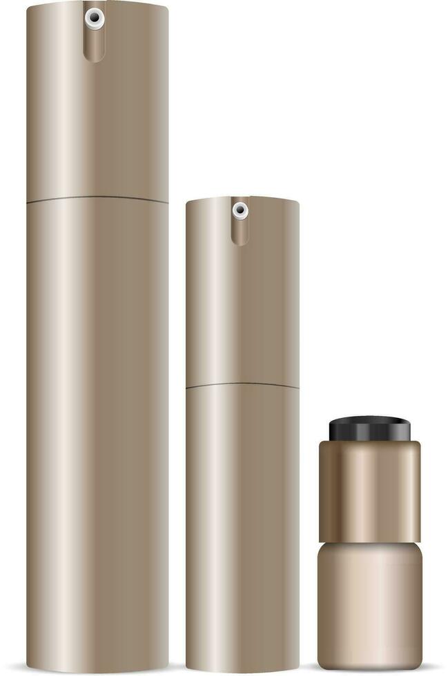 Cosmetic spray can set. Dispenser bottles for deodorant, parfume, cream, eye contour. Golden aerosol containers EPS10 vector illustration.