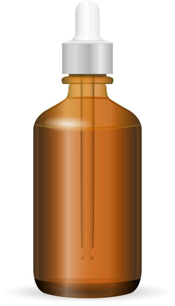Brown glass cosmetic bottle with dropper. Vector illustration. Jar for medicine, liquid, aroma oil. Realistic Transparent Packaging.