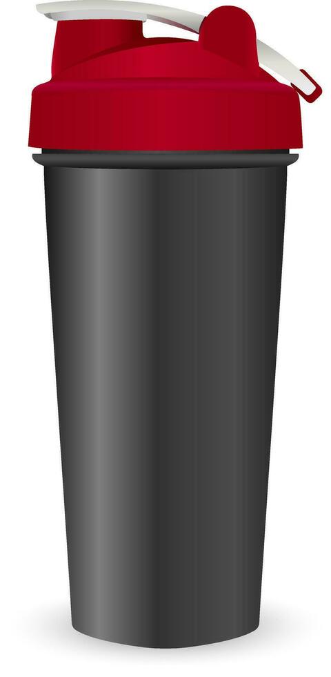 Sports shaker vector illustration isolated from the background. Black shaker bottle with red lid for water and protein cocktails. Fitness equipment.