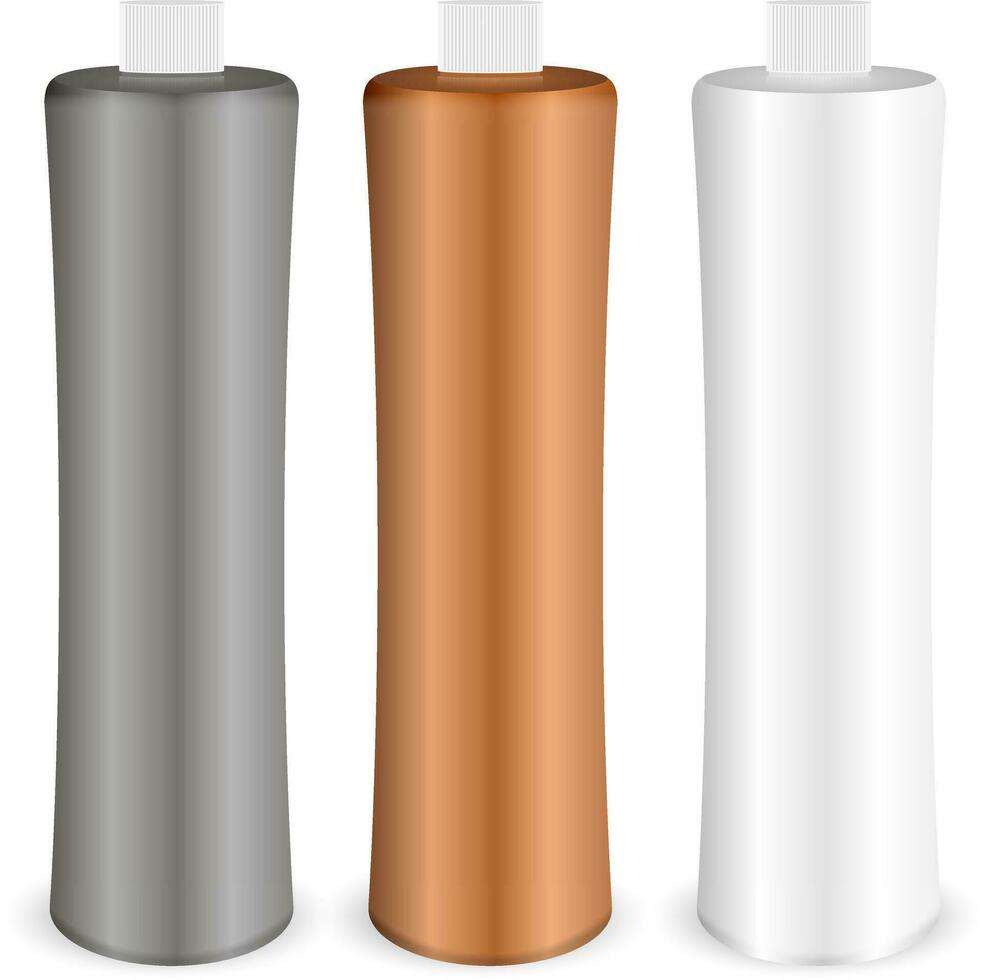 Set of cosmetic bottles for shampoo, gel, liquid soap. Vector mock up plastic packaging for bath care products.
