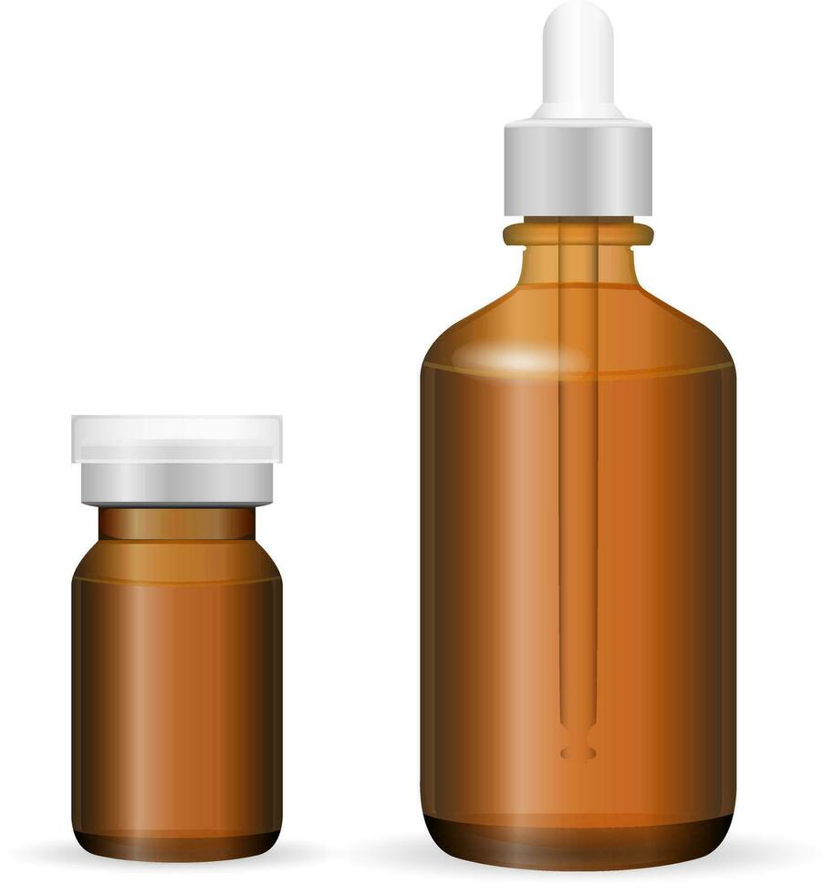 marrón vaso o el plastico botella conjunto para productos cosméticos, medicamento. eps vector ilustración. inyección y cuentagotas botellas aislado en antecedentes.