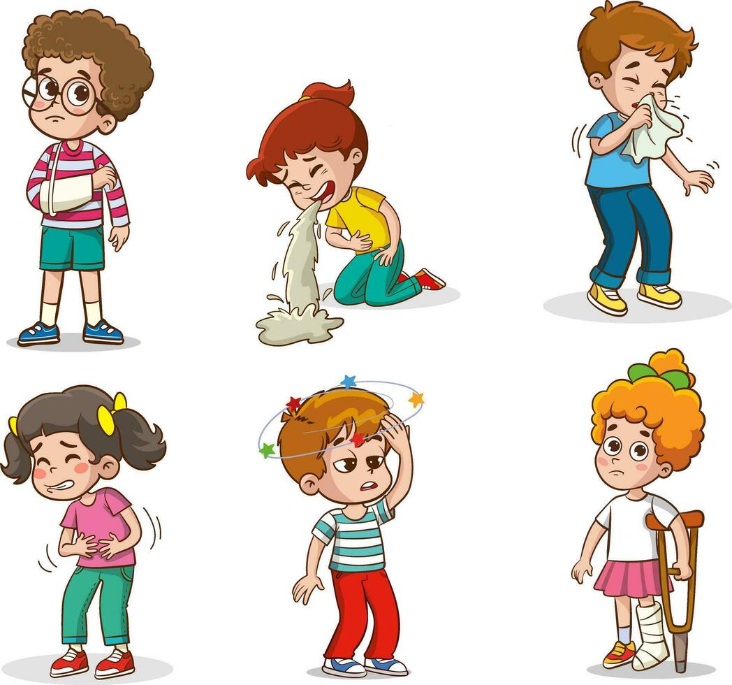vector illustration of kids sick unhealthy.Child with influenza, runny nose, headache, fever, sore throat, illness. Flat vector illustration people with sick symptoms feeling unwell