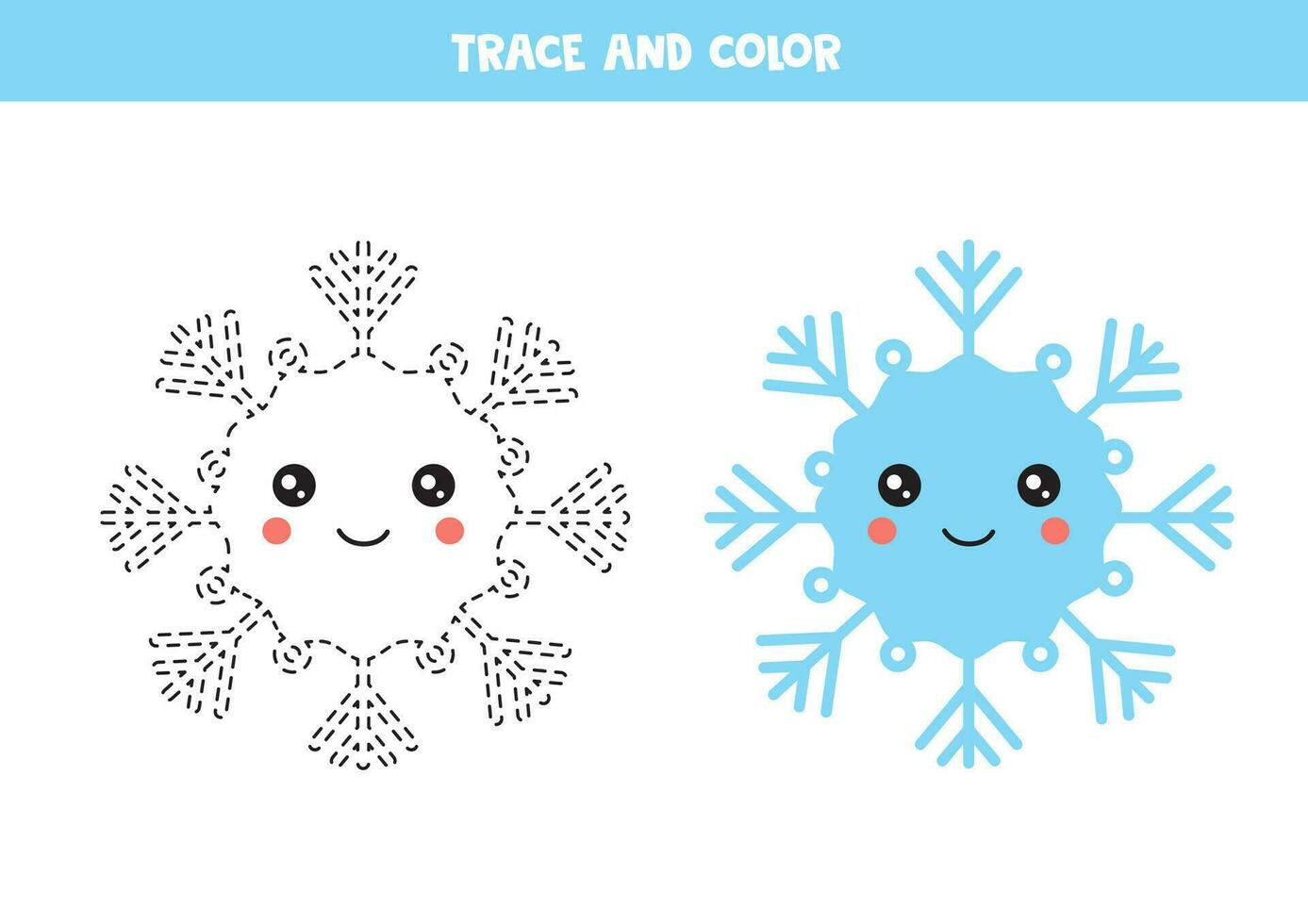 Trace and color cartoon blue smiling snowflake. Worksheet for children. vector