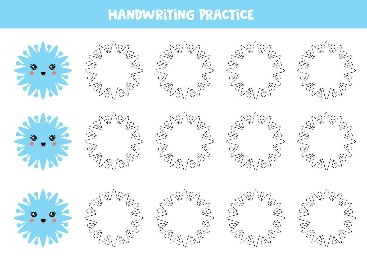 Tracing lines for kids with cute snowflakes. Writing practice. vector