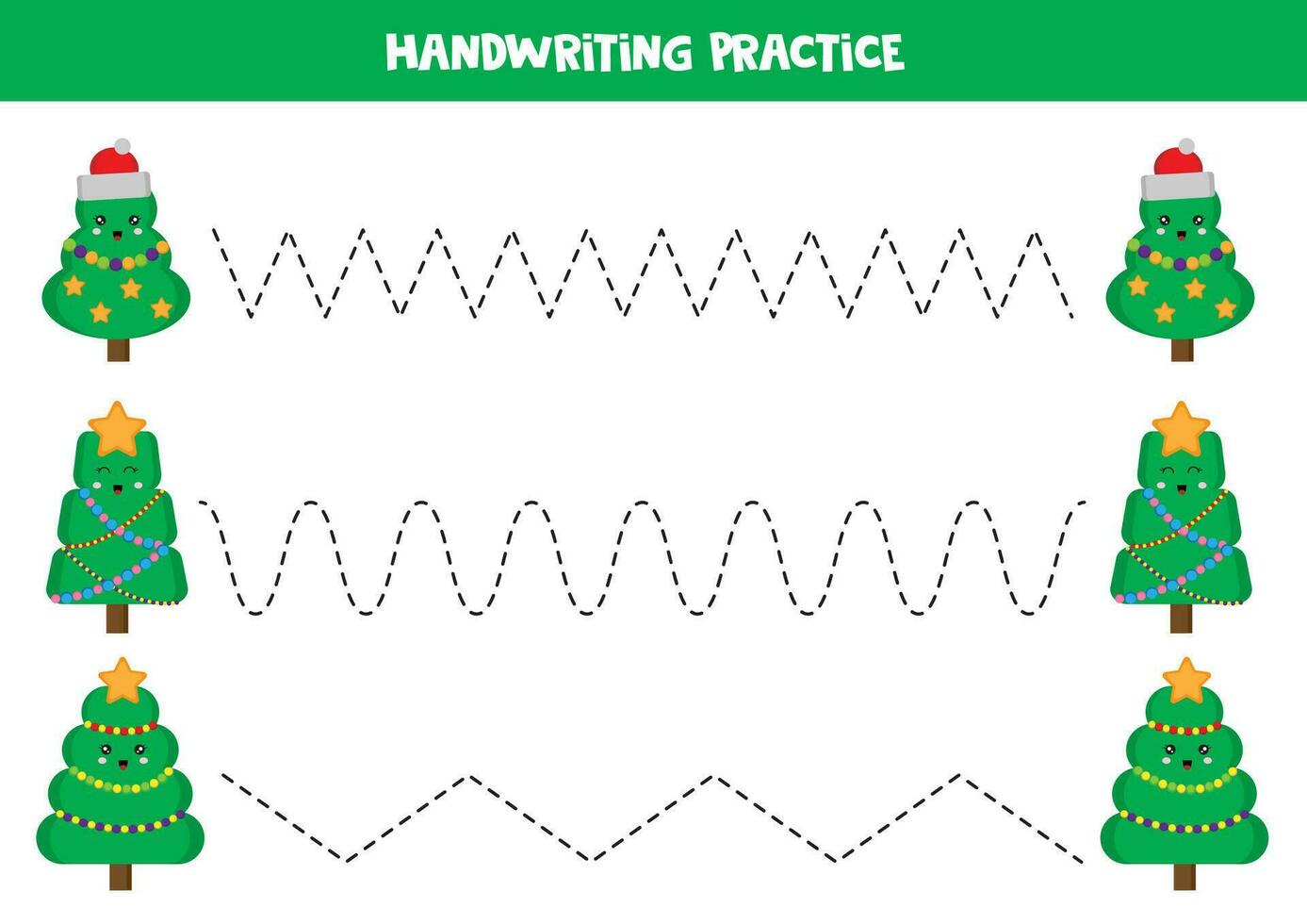 Tracing lines for kids. Cute cartoon Christmas trees. Handwriting practice. vector