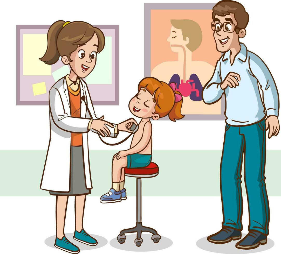 examen de enfermo niños por médico pediatra en hospital. hembra médico especialista participación estetoscopio y sonriente plano vector ilustración. pediatría, médico chequeo en clínica, medicina concepto