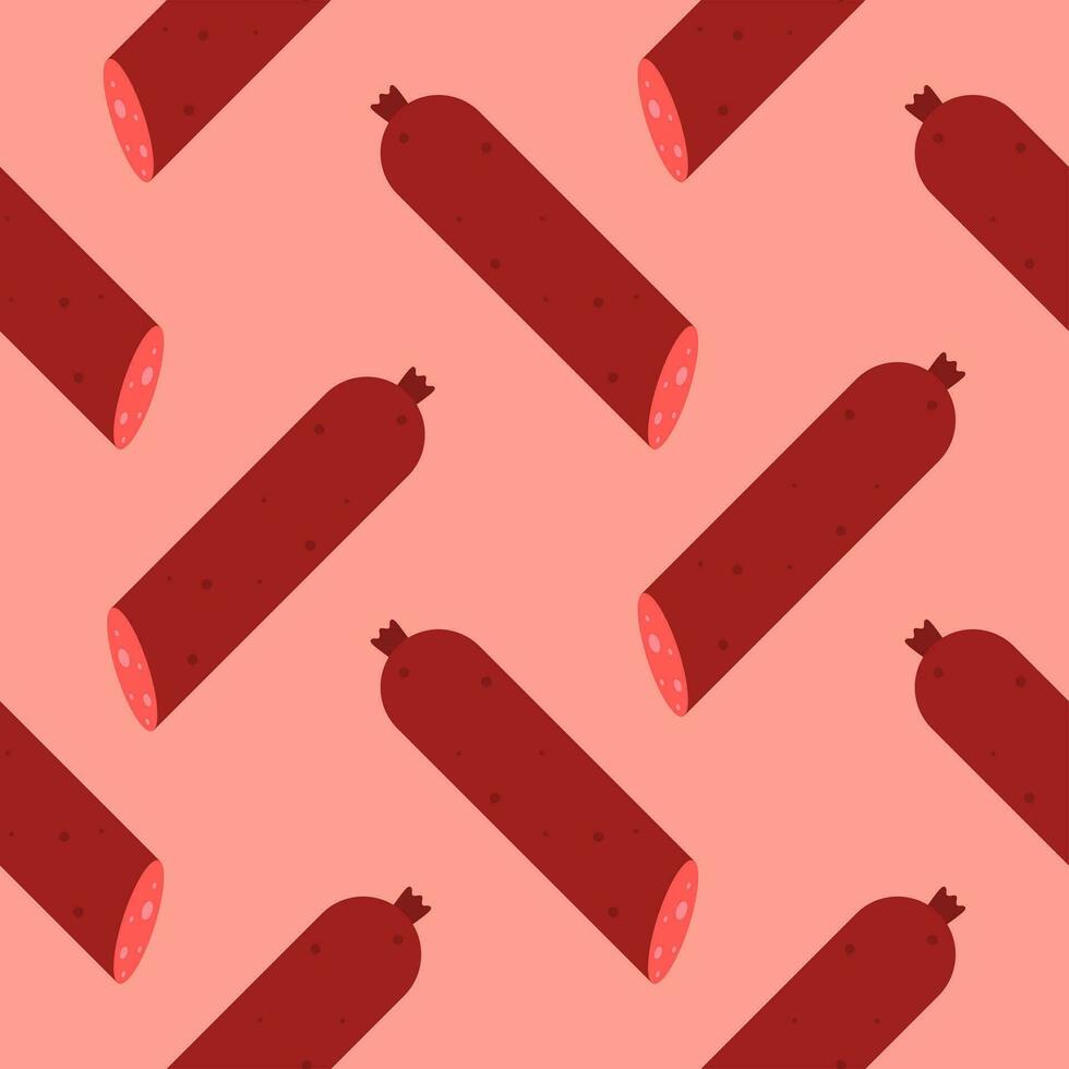 sausage seamless pattern. Background meat product raw smoked sausage stick and slices. Meat delicacy print, vector illustration