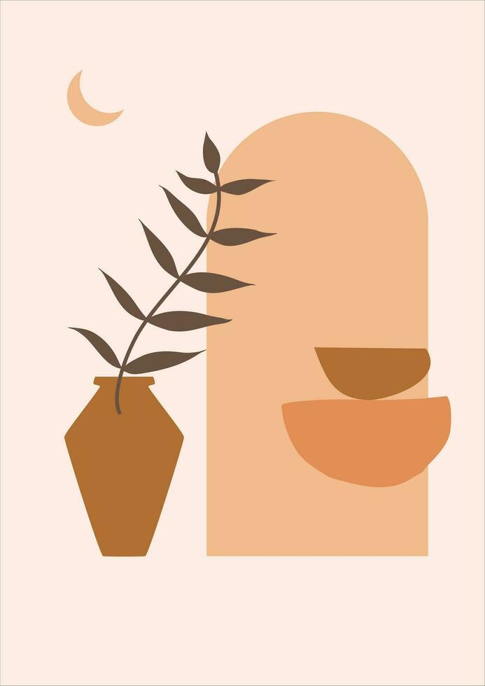 boho tropical leaf. natural shapes poster set in mid century style. Modern illustration, tropical leaf, geo elements for minimalist print, poster, boho wall decor, flat design Vector minimal art