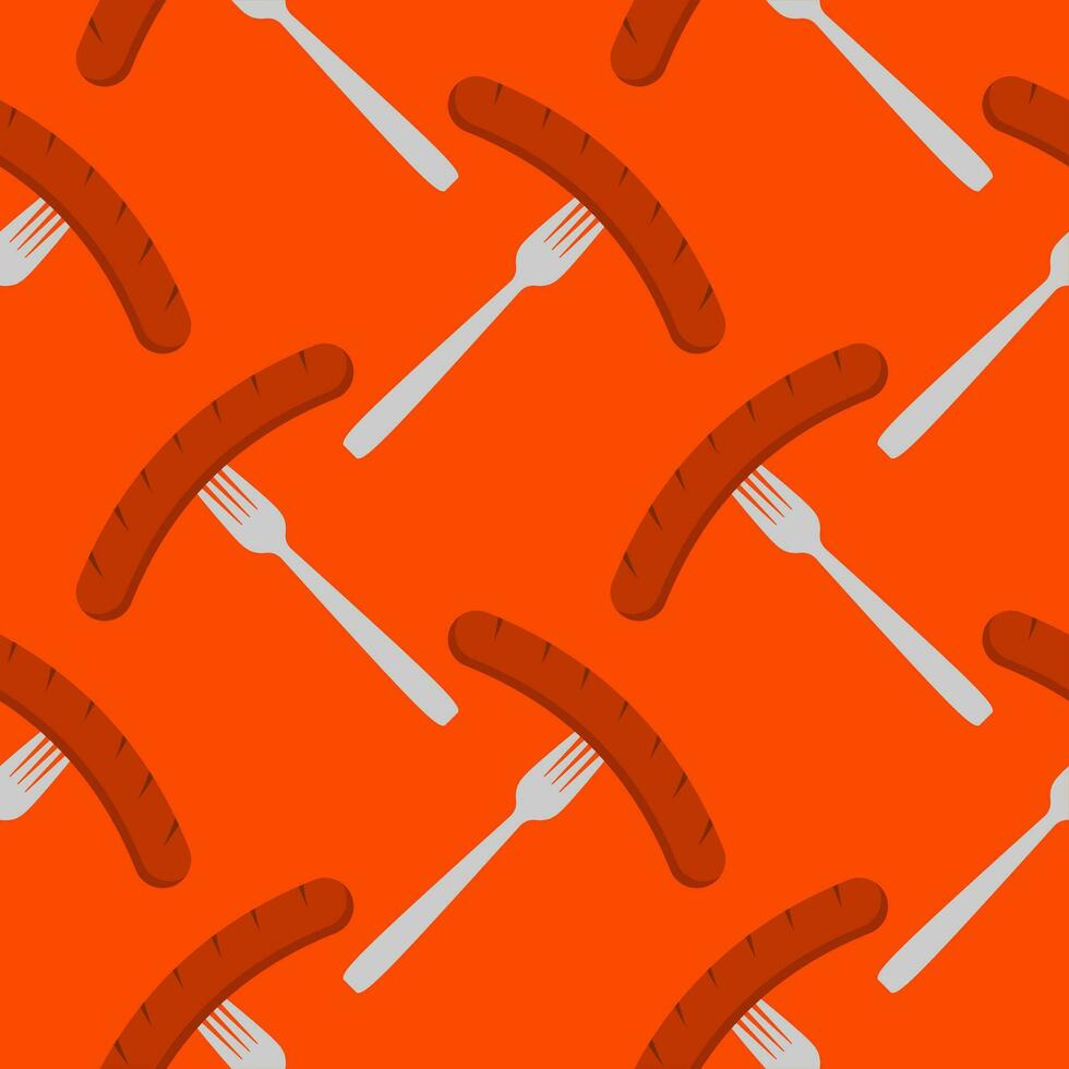 Sausage on a fork seamless pattern on color background. seamless pattern with grilled sausage on fork for kitchen, textiles, wallpaper, clothes and other vector