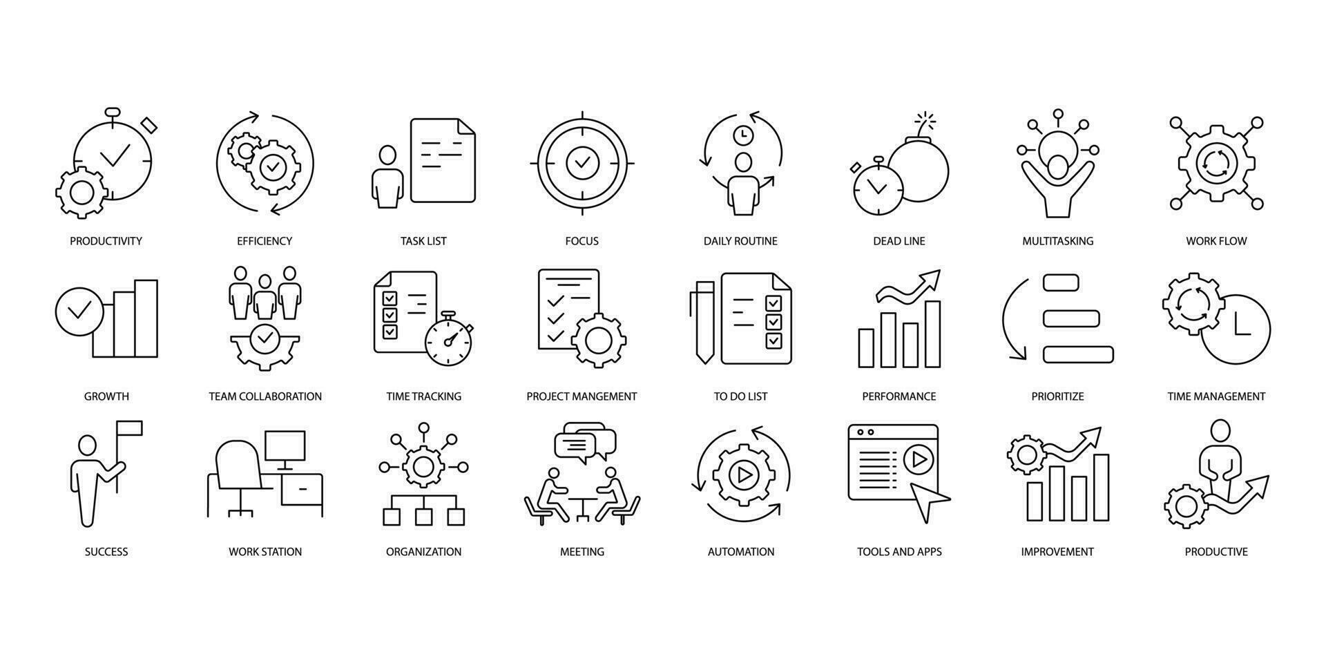 Productivity icons set. Set of editable stroke icons.Vector set of Productivity vector