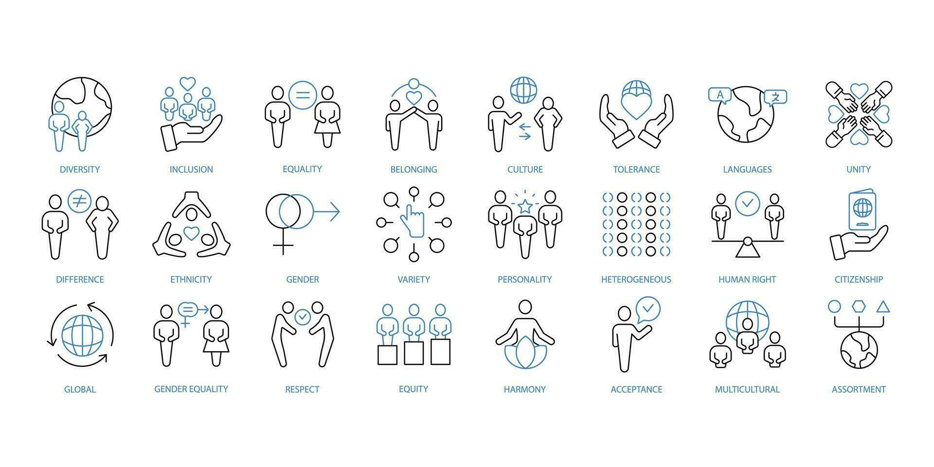 Diversity icons set. Set of editable stroke icons.Vector set of Diversity vector